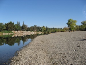 A wide angle view of a river with a gravelly beach on the right, calm water reflecting trees and the blue sky along the left bank, and trees lining the distant shore.
