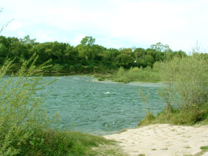 Wide river with rippled teal water flowing past a sandy bank lined with green bushes, trees and a partly cloudy sky overhead.