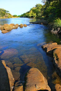 A clear, blue river flowing gently past large, rounded sandstone rocks in the foreground, with trees lining the distant banks under a sunny sky.