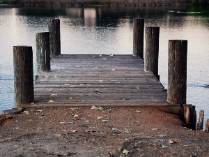 Wooden pier with four upright log posts, weathered planks, and a worn concrete approach, extending into a calm lake with reflections.