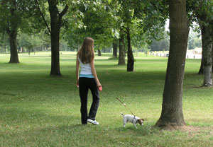 Girl walking her dog on a leash at a regional park
