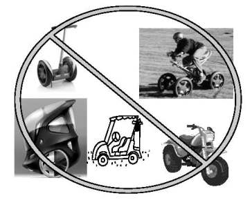 Prohibited Parkway items: a golf cart, motorcycle, and other motorized personal vehicles